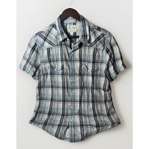 Lucky Brand Shirt Mens Large Blue Plaid Button Up Pearl Snaps Rancher Work.    X - Picture 1 of 5